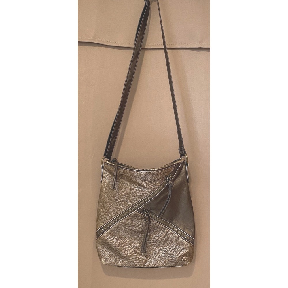 Bueno Brown and Gold Pebble Crossbody Zipper Design 10.5x10" Purse